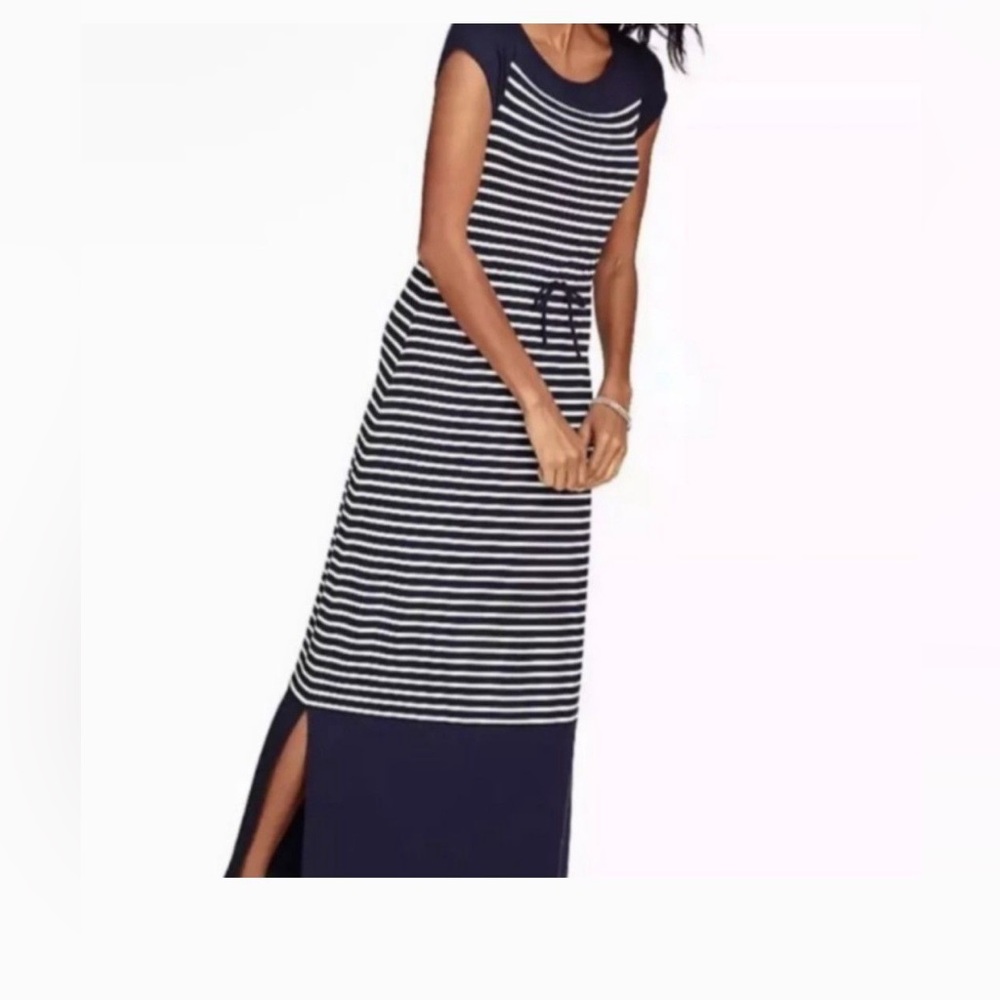 Talbots Size Petite Navy and White Striped Dress with Pockets